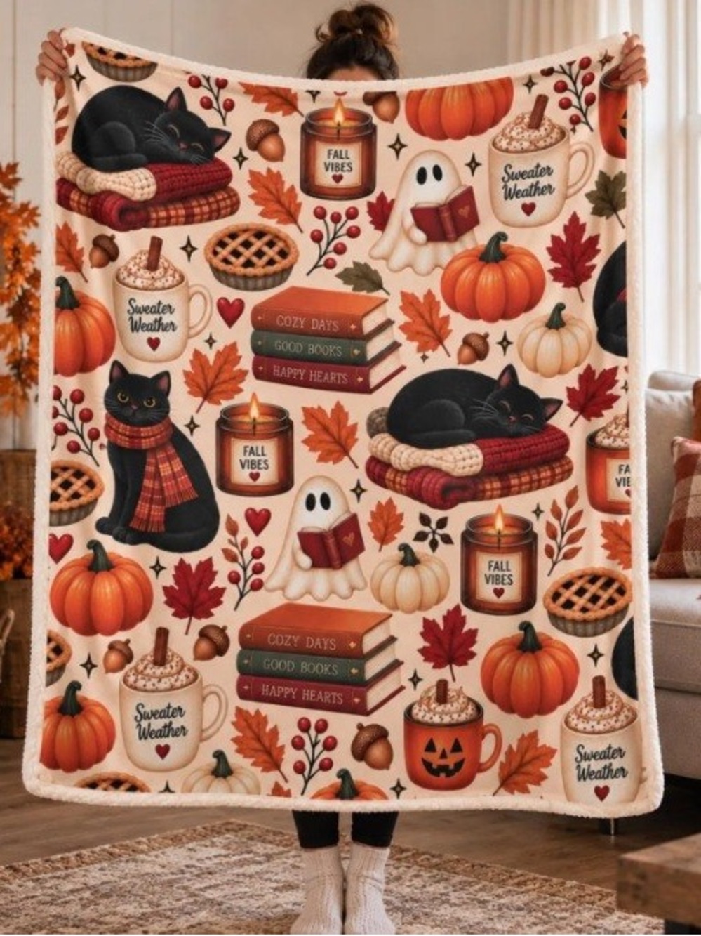 Autumn Harvest Cozy Sherpa Blanket - Pumpkin & Black Cat Design